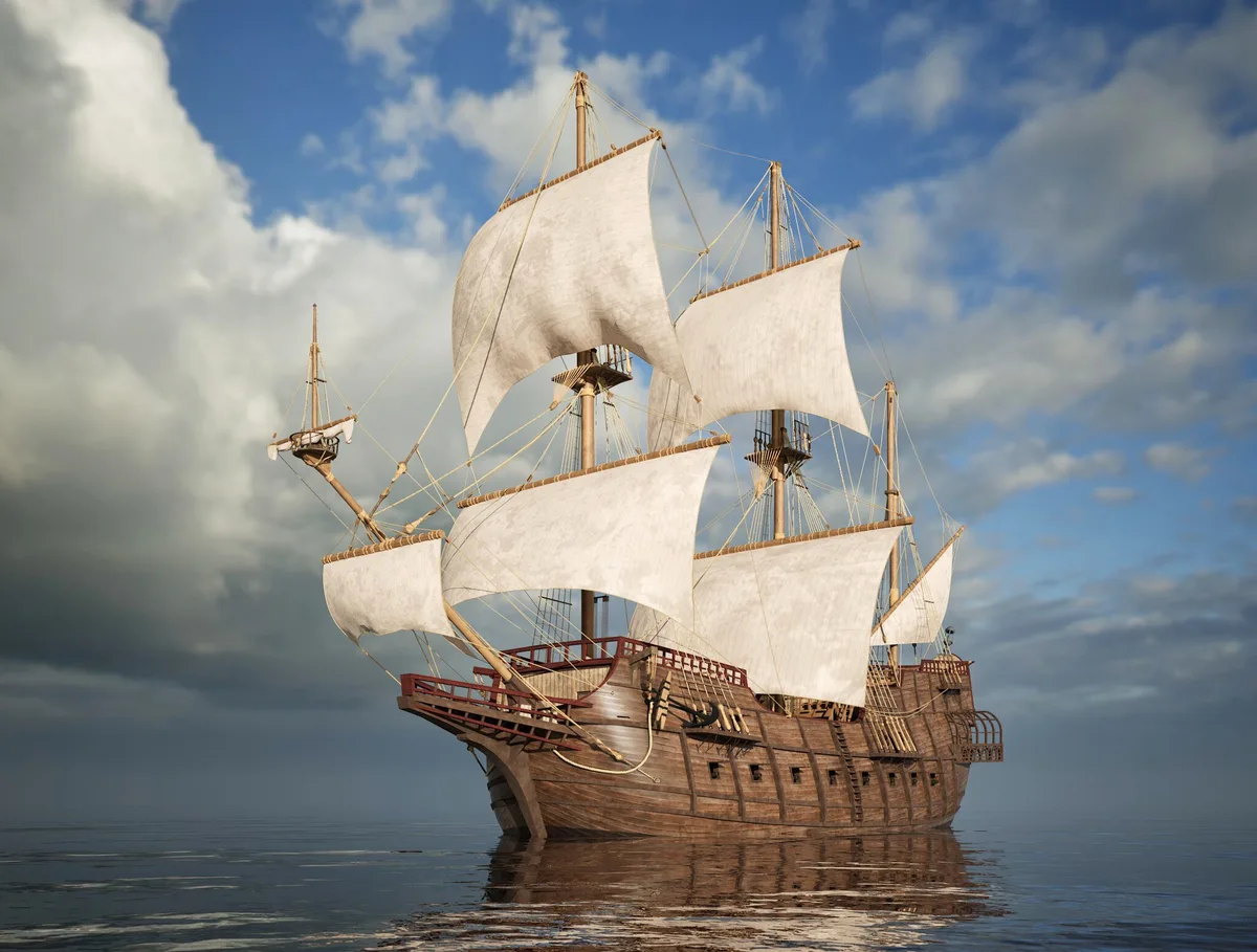 Ilustración histórica de un galeón y su navegación