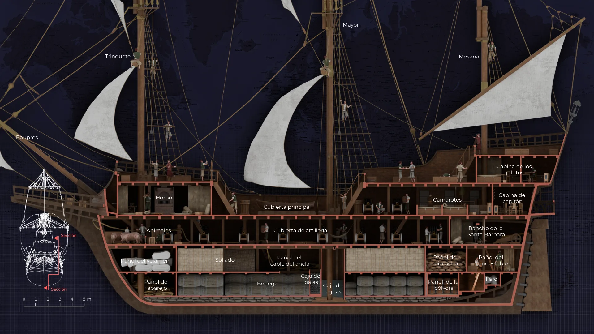Sección de la reconstrucción 3D del Galeón de Manila, con su interior visible